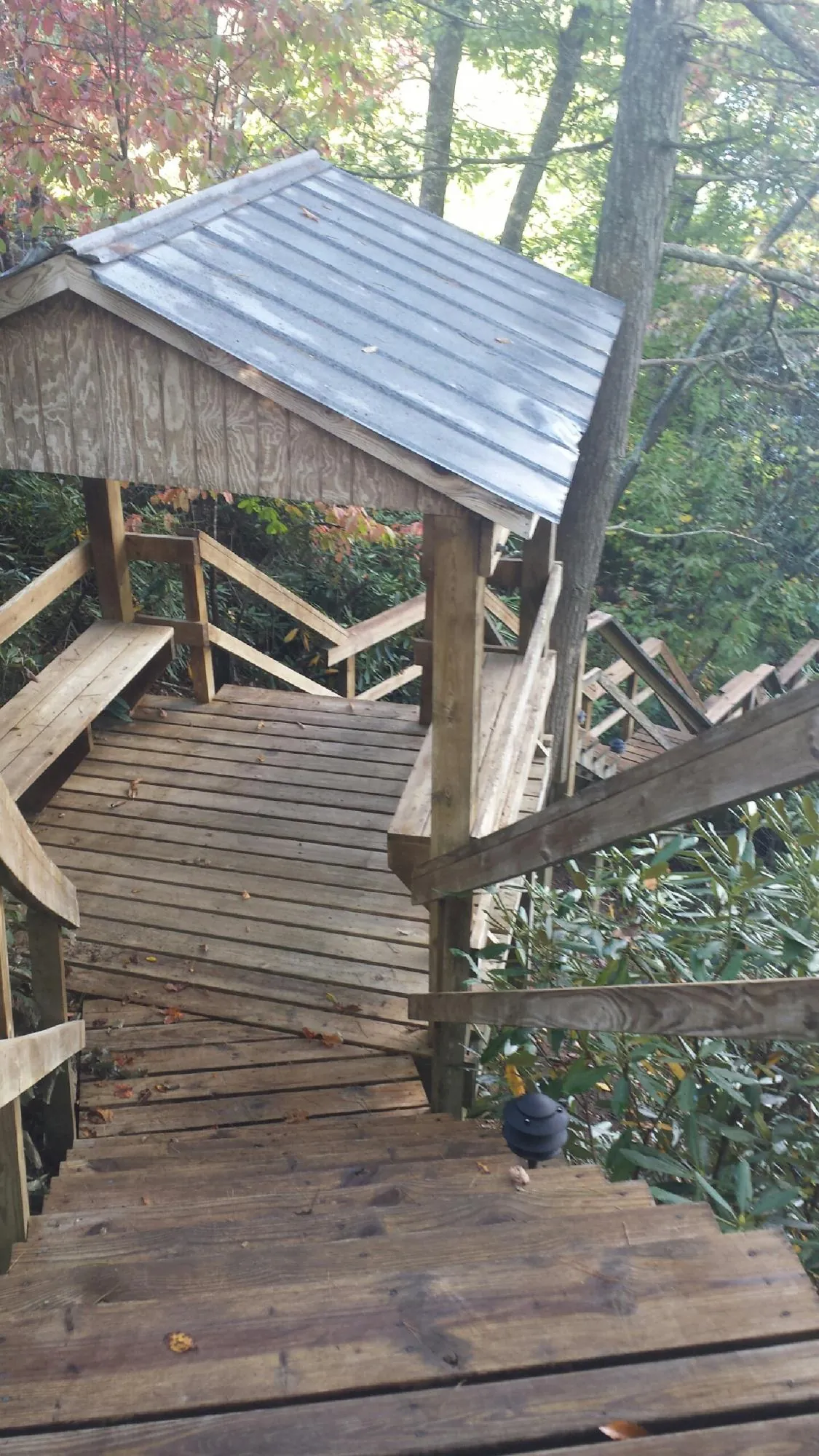Metal roofed shelter over wooden steps on a wooded walkway — Skylight Repair & Installation work by our crew in Almond